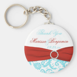 Aqua und White Damask mit roter DRUCKBAND Schlüsselanhänger