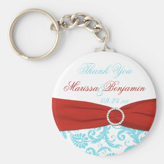 Aqua und White Damask mit roter DRUCKBAND Schlüsselanhänger (Vorne)