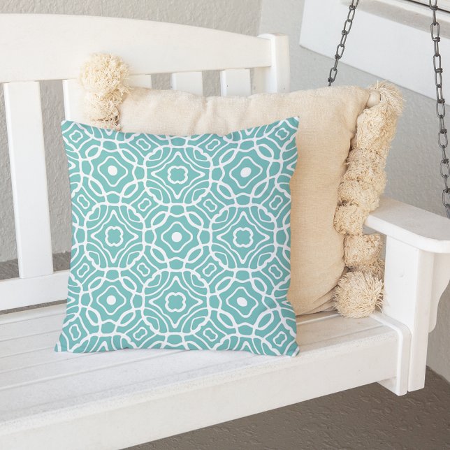 Aqua und White Modern Quatrefolien Muster Außenber Kissen Für Draußen (Von Creator hochgeladen)