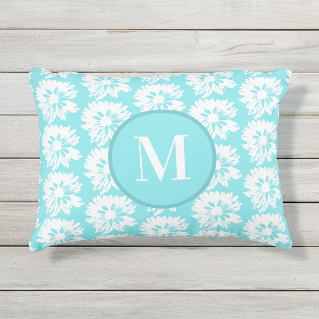 Aqua und White Summer Floral Pattern Kissen Für Draußen (Vorderseite)