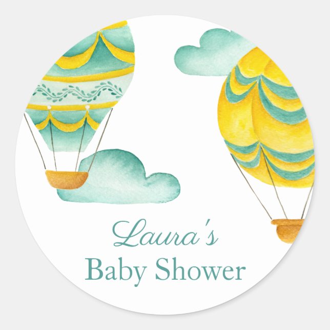 Aqua und Yellow Hot Air Balloons Babydusche Runder Aufkleber (Vorderseite)