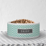 Aqua und Zickzack Monogramm Napf<br><div class="desc">Maßgeschneidertes Hundefutter oder Wasserschüssel mit einem schicken, gürtelmädchenhaften, Zickzack Druckmuster. Personalisieren Sie es mit dem Namen Ihres Tieres in einem Rechteck. Klicken Sie auf Anpassen, um den Schriftart und die Farben des Textes zu ändern, um ein einzigartiges Design zu erstellen!</div>