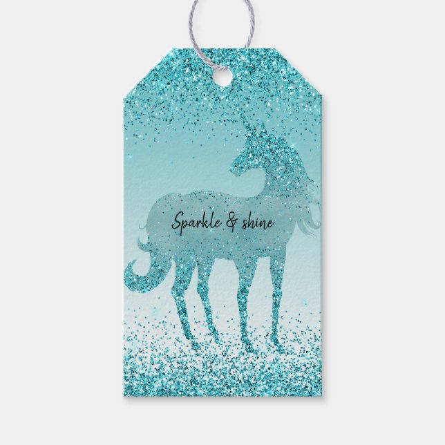 Aqua Unicorn Glitzer Geschenkanhänger (Vorderseite)