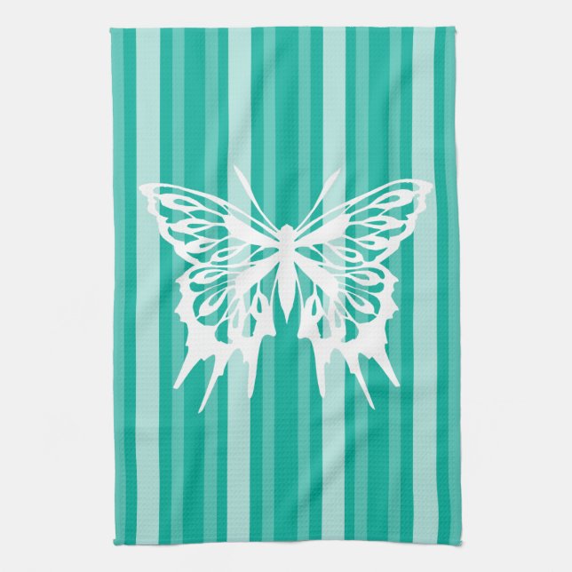 Aqua Viktorianisch Strip mit Schmetterling Geschirrtuch (Vertikal)