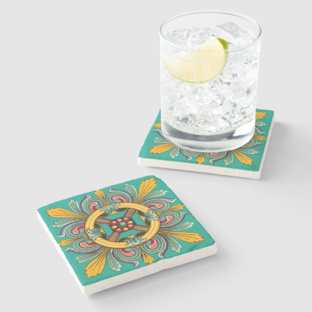 Aqua Viktorianisch Tile Design Steinuntersetzer (Seitenansicht)