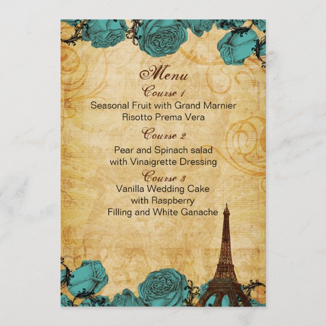 Aqua Vintag eiffelturm Pariser Hochzeitskarte Menükarte (Vorderseite)