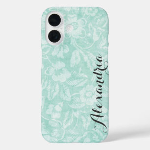 Aqua Vintag Floral Print Monogram iPhone 16 Hülle