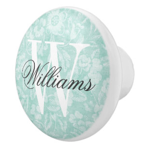 Aqua Vintag Floral Print Monogram Keramikknauf