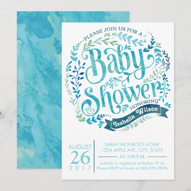 Aqua Watercolor Babydusche Einladung (Vorne/Hinten)