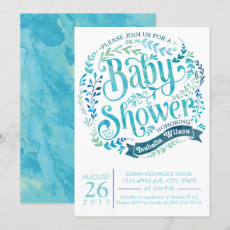 Aqua Watercolor Babydusche Einladung