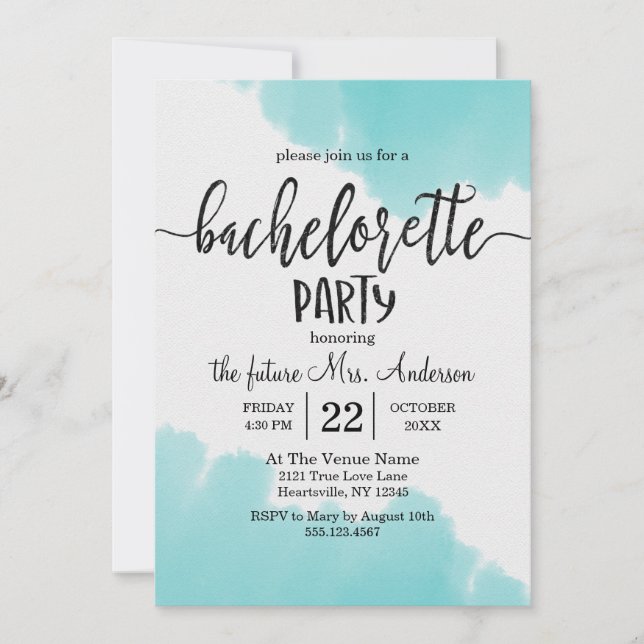 Aqua Watercolor Bachelorette Party Invitation (Devant)