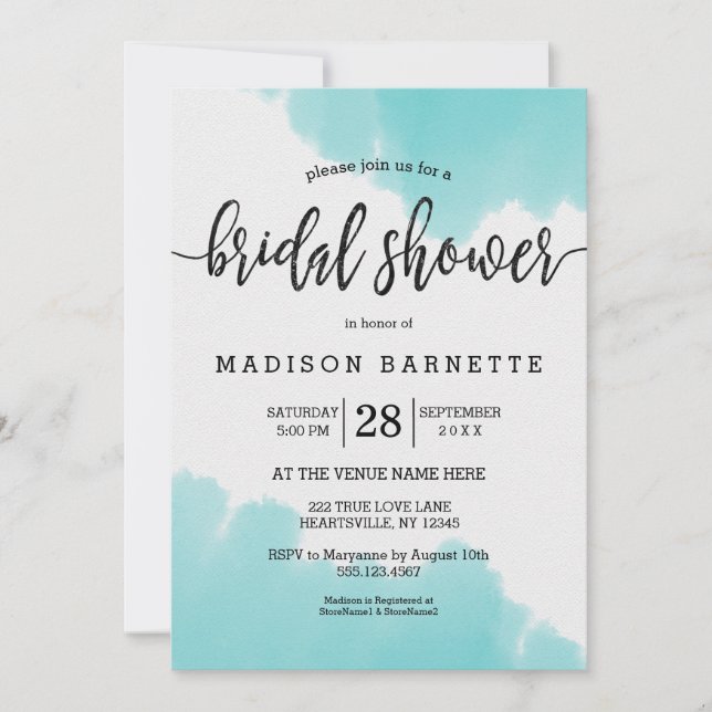 Aqua Watercolor Brush Invitation de douche nuptial (Devant)
