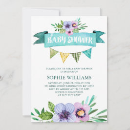 Aqua Watercolor Floral Baby Dusche Einladung