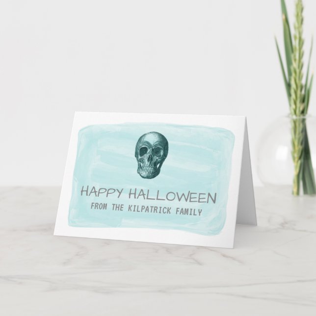 Aqua Watercolor Skull Halloween Grußkarte Karte (Vorderseite)