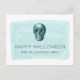 Aqua Watercolor Skull Halloween Postcard Postkarte