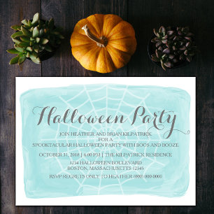 Aqua Watercolor Spider Web Halloween Invitation de