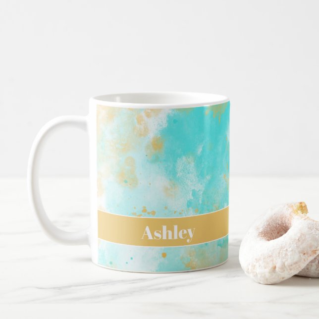 Aqua Watercolor Wash & Customizable Name Tasse (Mit Donut)