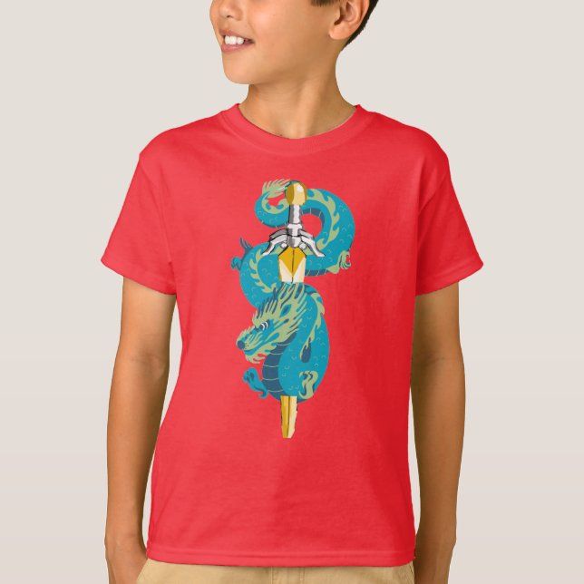 Aqua Wave blaue Drachenschwert T-Shirt (Vorderseite)