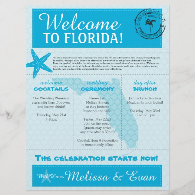 Aqua Wedding Starfish Begrüßungsbrief für Florida (Vorderseite)