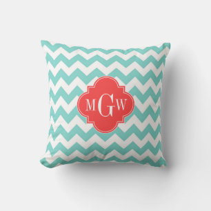 Aqua Weiß Chevron Koralle Rot Vierblatt 3 Monogram Kissen