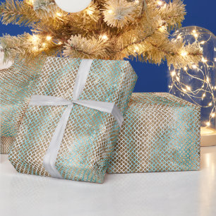 Aqua Weiß Gold Schlangenprint Geschenkpapier