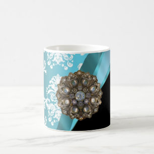 Aqua & weißer Damast mit Imitat-Kristall-Edelstein Kaffeetasse