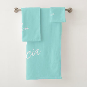 Aqua-weißer Schriftzug Name personalisiert Badhandtuch Set