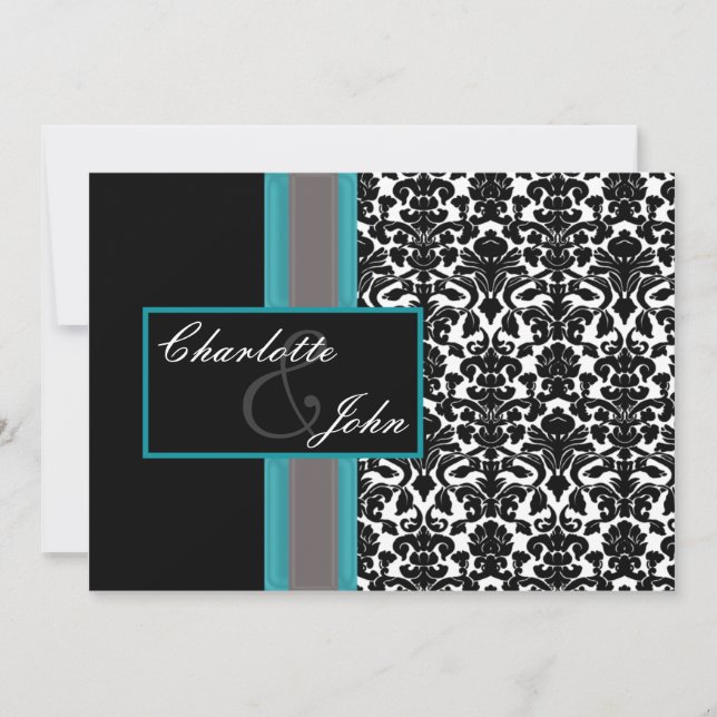 Aqua White Black Damask Hochzeitseinladungen Einladung (Vorderseite)