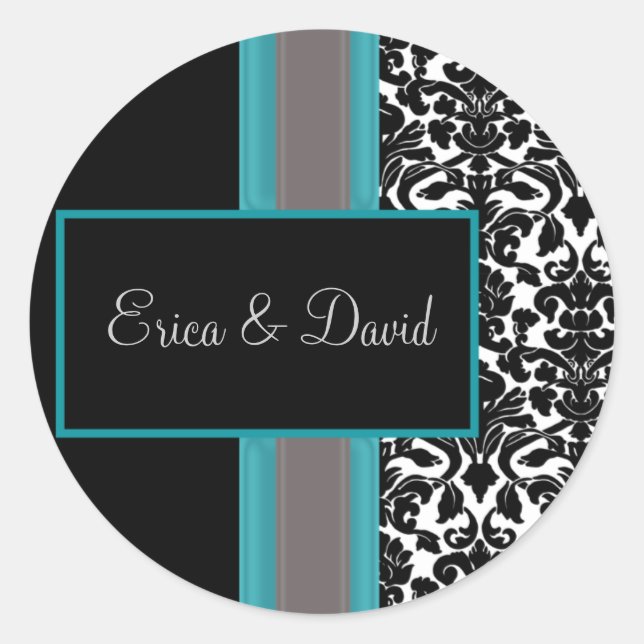 Aqua White Black Damask Hochzeitseinladungen Runder Aufkleber (Vorderseite)