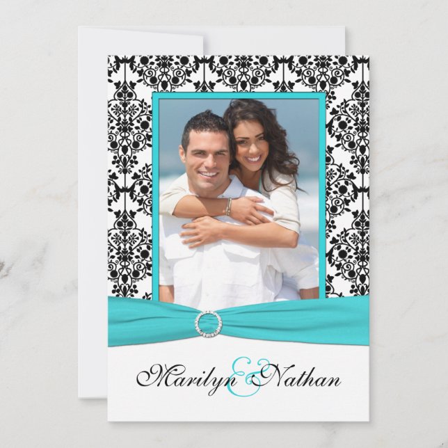 Aqua, White, Black Damask II Foto Hochzeit Einladu Einladung (Vorderseite)