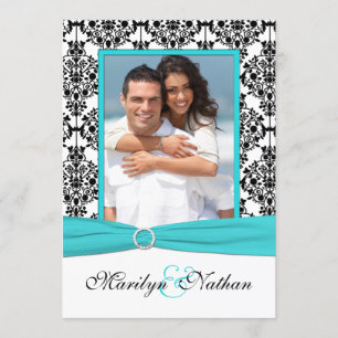 Aqua, White, Black Damask II Foto Hochzeit Einladu Einladung