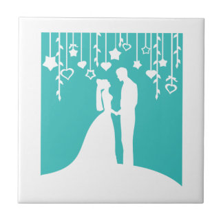 Aqua & White Bridge und Groom Wedding Silhouetten Fliese