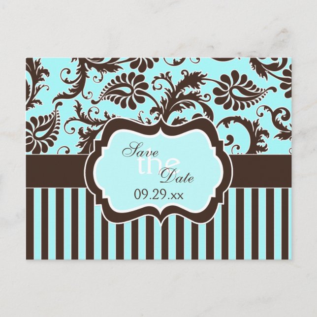 Aqua White Brown Striwn Damask Save the Date Karte (Vorderseite)