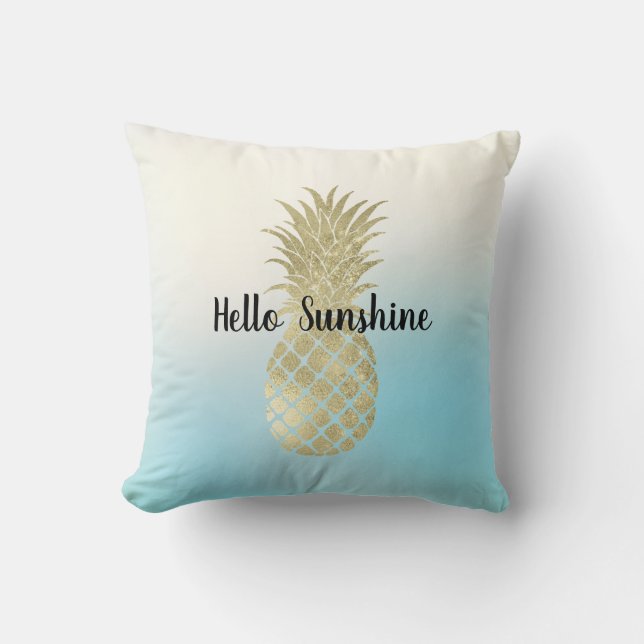 Aqua White Gefärbte Krawatte Gold Ananas Kissen (Vorderseite)
