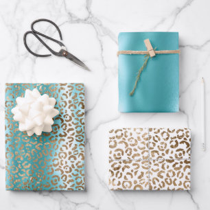 Aqua White Gold Leopard Print Geschenkpapier Set