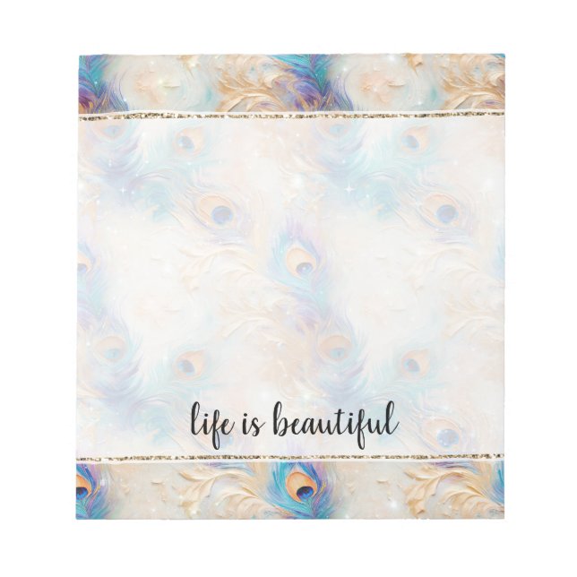 Aqua White Gold Peacock Feathers Notizblock (Vorderseite)