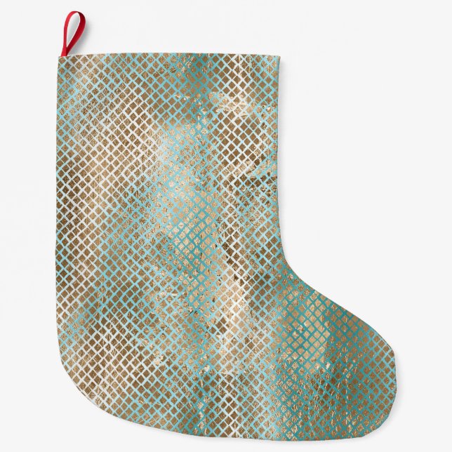 Aqua White Gold Schlange Print Großer Weihnachtsstrumpf (Vorderseite)