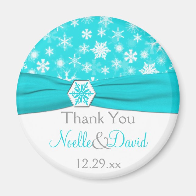 Aqua, White, Grau Schneeflocken Gastgeschenk Hochz Magnet (Vorne)