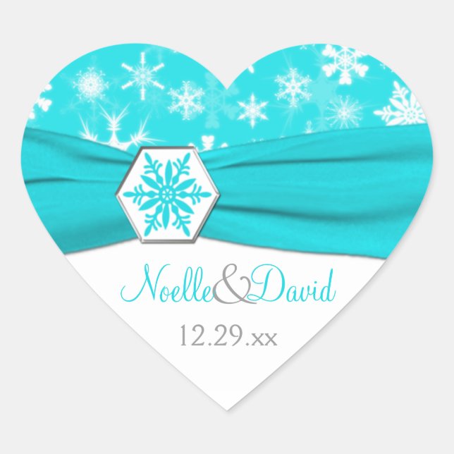 Aqua, White, Gray Snowflakes Hochzeitsticker Herz-Aufkleber (Vorderseite)