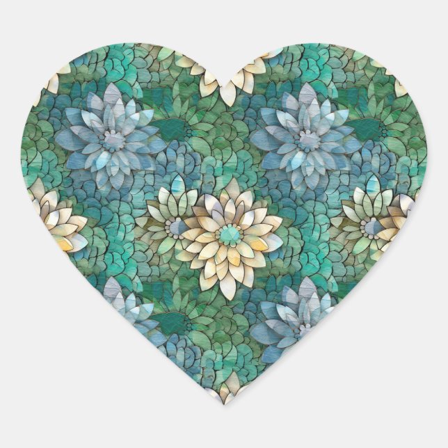 Aqua White Green Floral Herz-Aufkleber (Vorderseite)