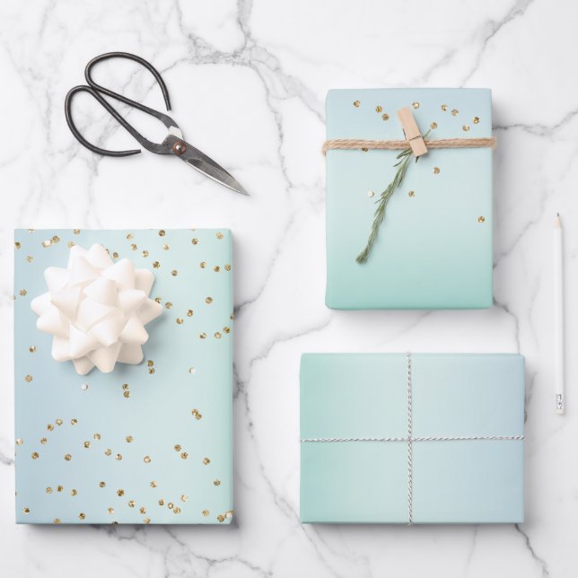 Aqua White Mint Gold Confetti Christmas Geschenkpapier Set (Vorderseite)