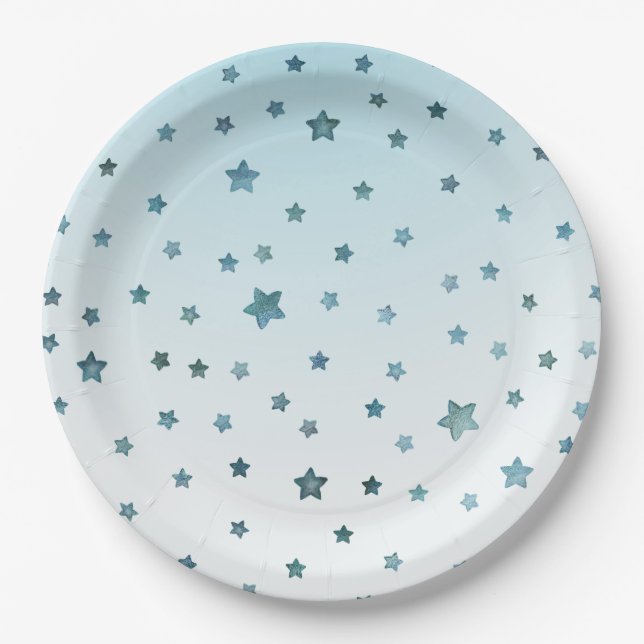 Aqua White Ombre Stars Pappteller (Vorderseite)