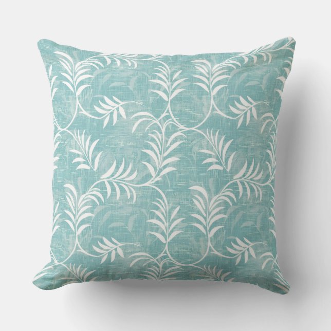 Aqua & White Palm Leaf Throw Kissen (Vorderseite)