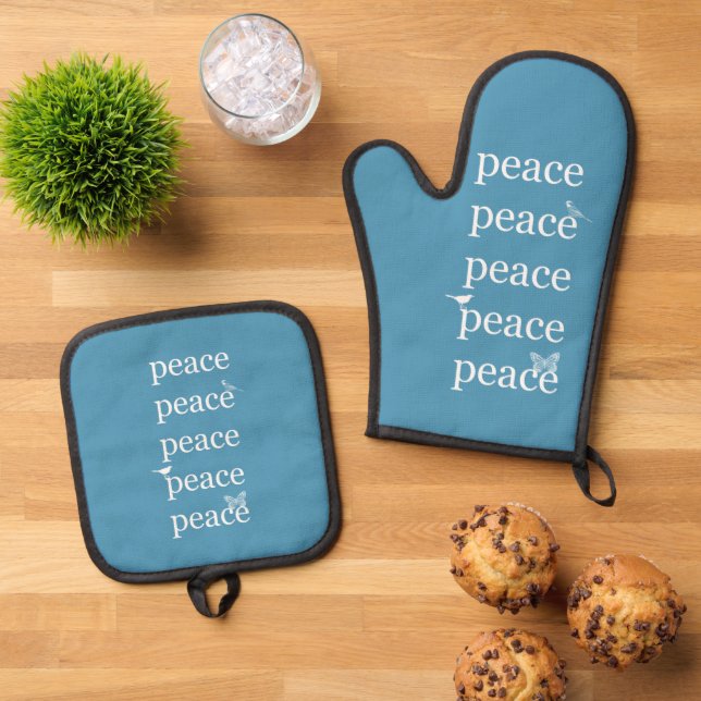 Aqua White Peace Birds Ofenhandschuh & Topflappen-Set (Oben Unten)