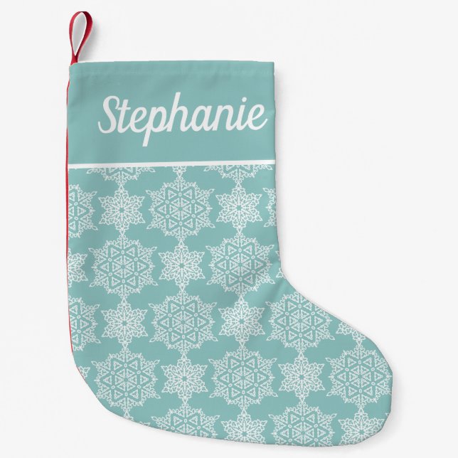 Aqua White Snowflake Holiday Personalisiert Kleiner Weihnachtsstrumpf (Vorderseite)