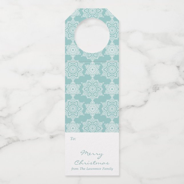 Aqua White Snowflake Weihnachtsgeschenk Flaschenanhänger (Vorderseite)