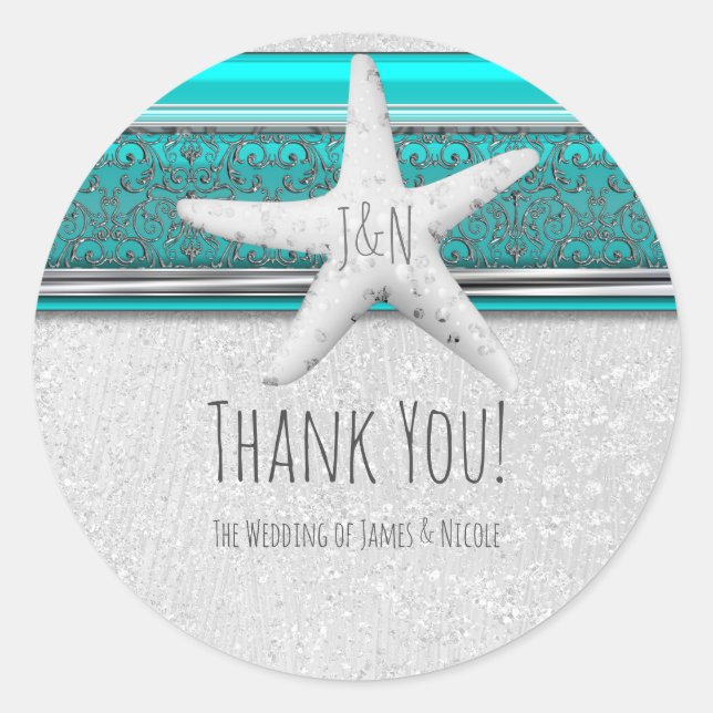 Aqua & White Sparkle Starfish Beach Wedding Gefall Runder Aufkleber (Vorderseite)