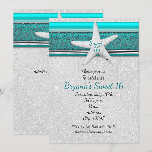 Aqua & White Starfish Beach Sweet 16 Einladungen (Vorne/Hinten)