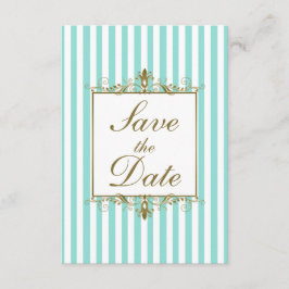 Aqua, White Stripes, Gold Scroll Save the Date Kar