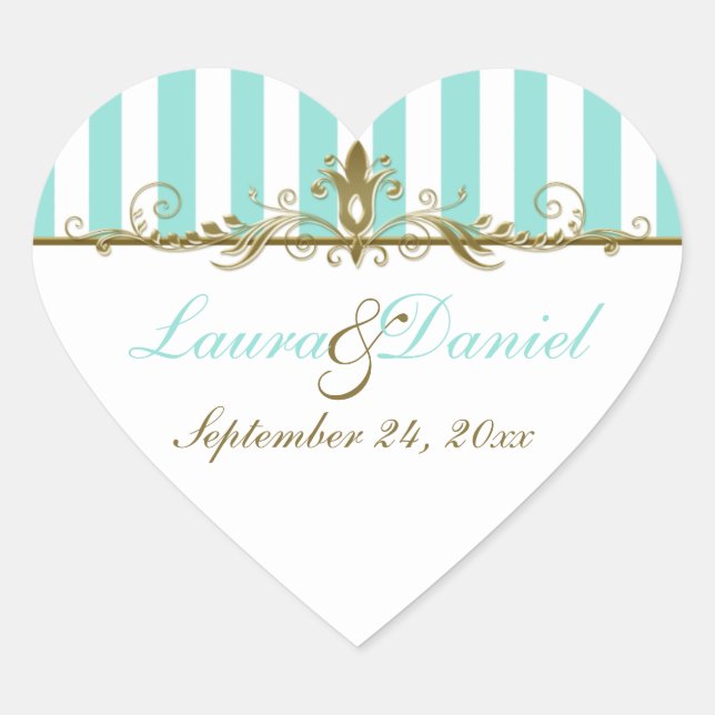 Aqua, White Stripes Gold Scrolls Wedding Sticker (Vorderseite)